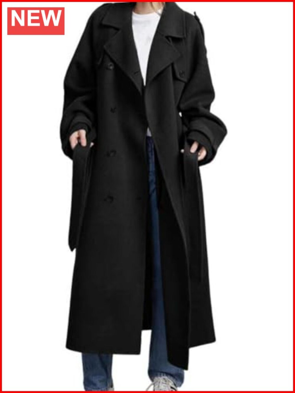 Women's Double Breasted Wool Blend Midi Trench Coat with Belt